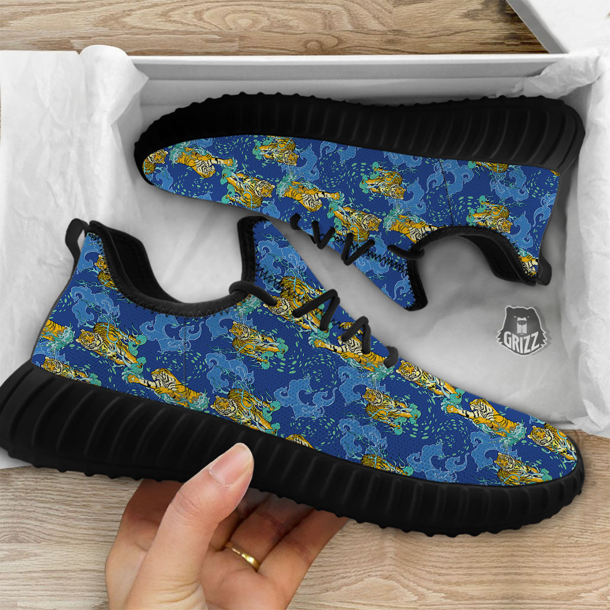 Tattoo Blue Tiger Print Pattern Black Walking Shoes-grizzshop