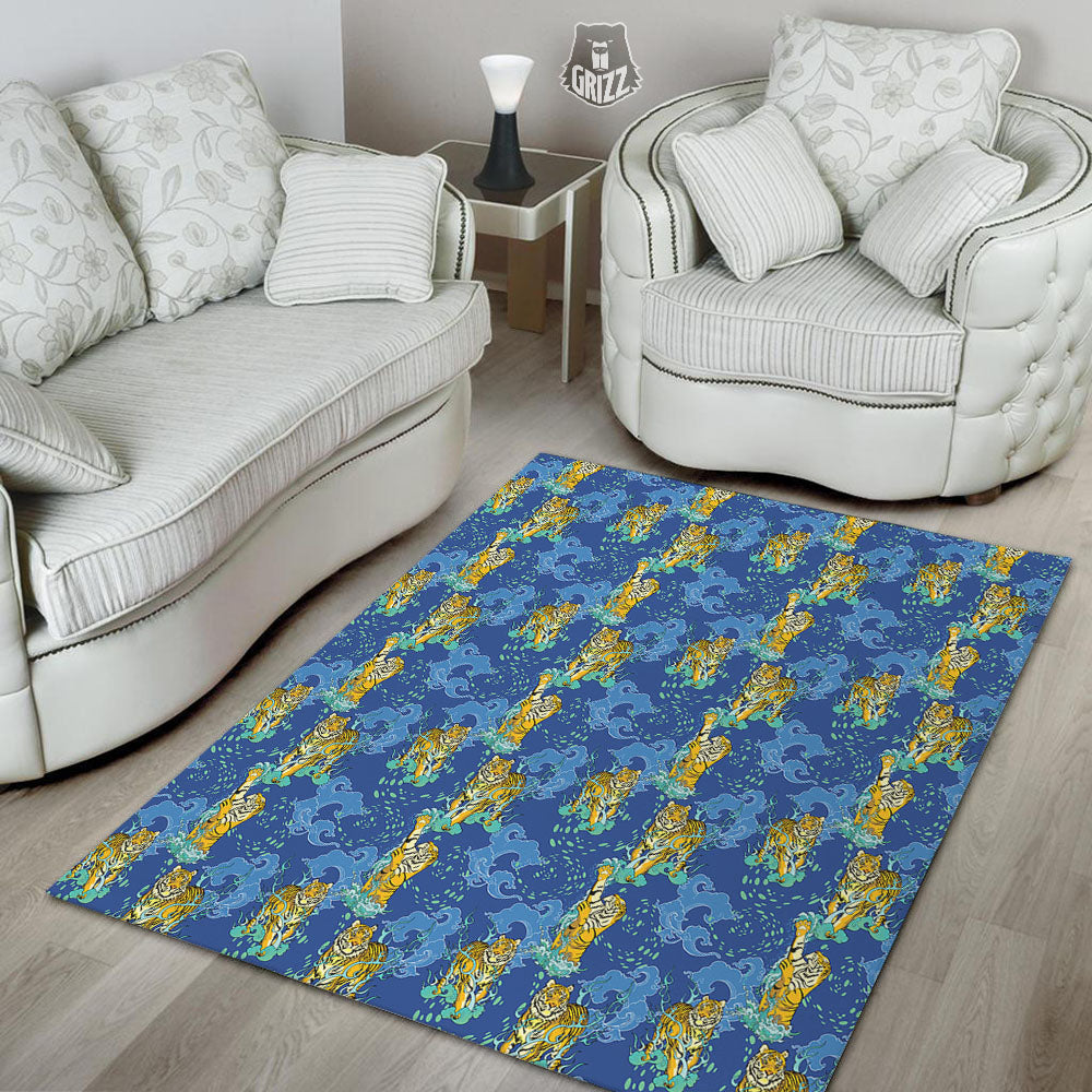 Tattoo Blue Tiger Print Pattern Floor Mat-grizzshop