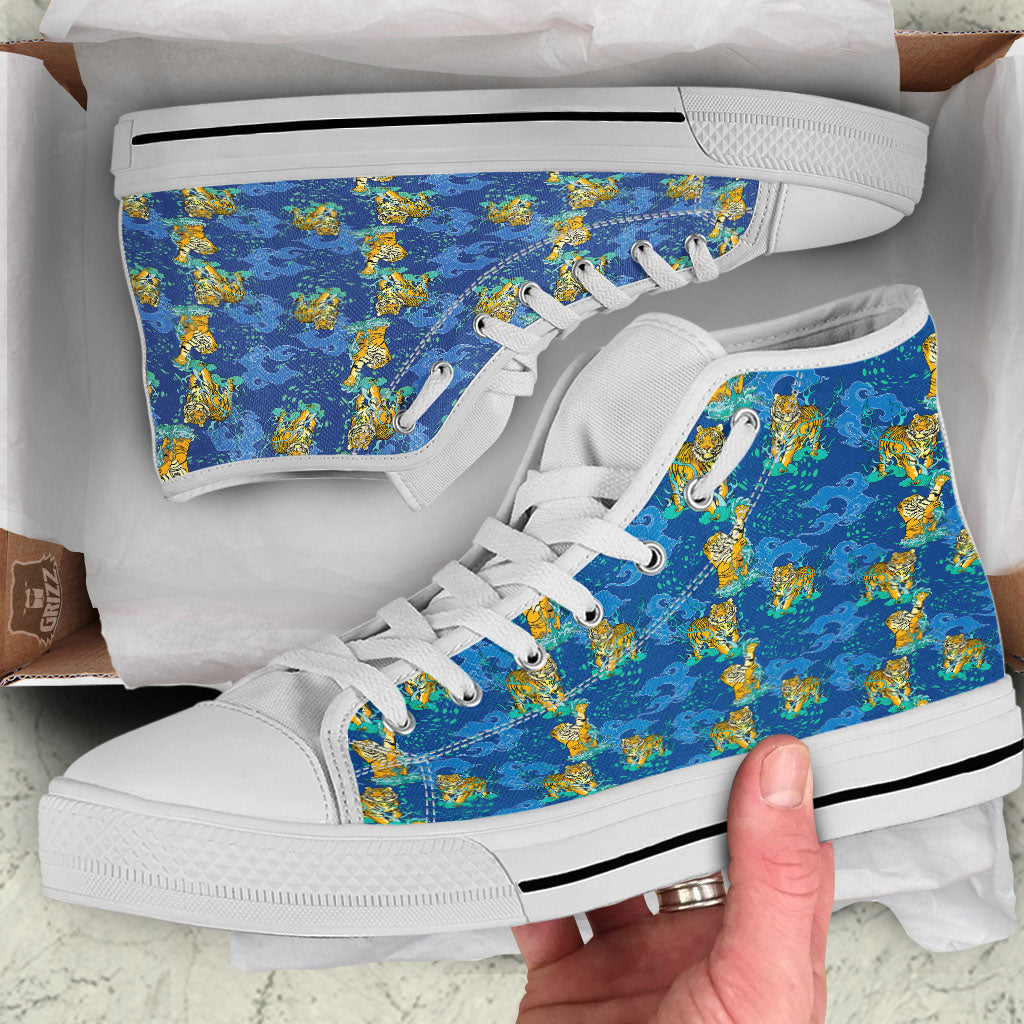 Tattoo Blue Tiger Print Pattern White High Top Shoes-grizzshop
