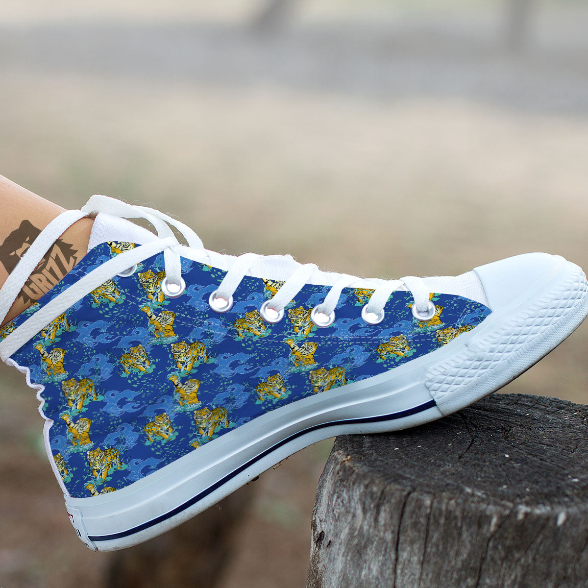 Tattoo Blue Tiger Print Pattern White High Top Shoes-grizzshop