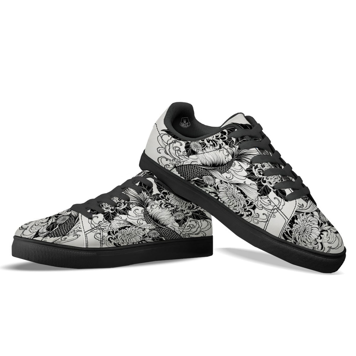 Tattoo Japanese Elemental Print Black Low Top Sneakers-grizzshop