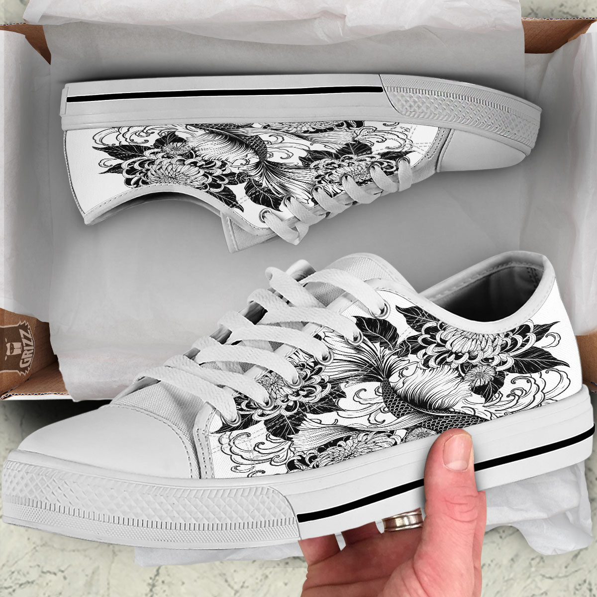 Tattoo Japanese Elemental Print White Low Top Shoes-grizzshop