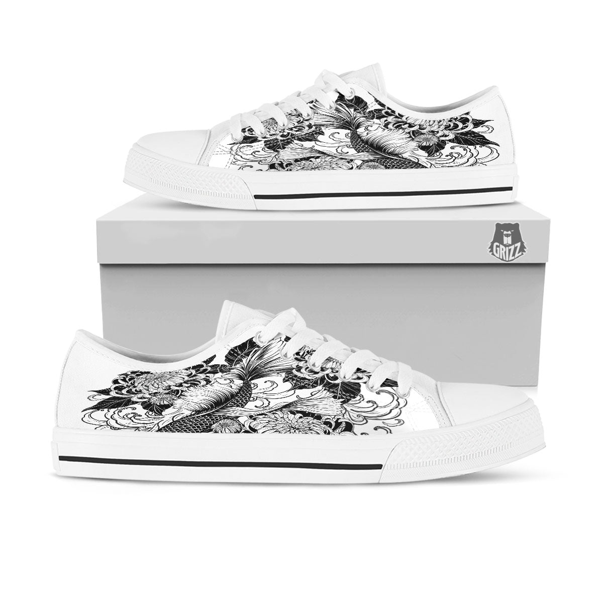 Tattoo Japanese Elemental Print White Low Top Shoes-grizzshop