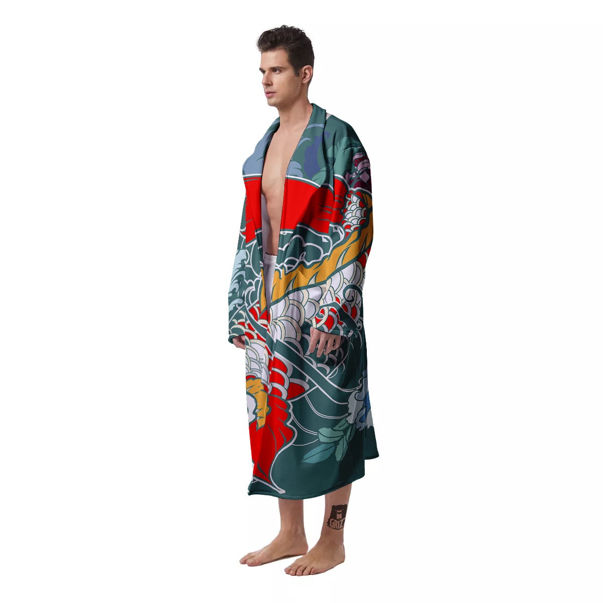 Tattoo Japanese Koi And Flower Print Men's Robe-grizzshop