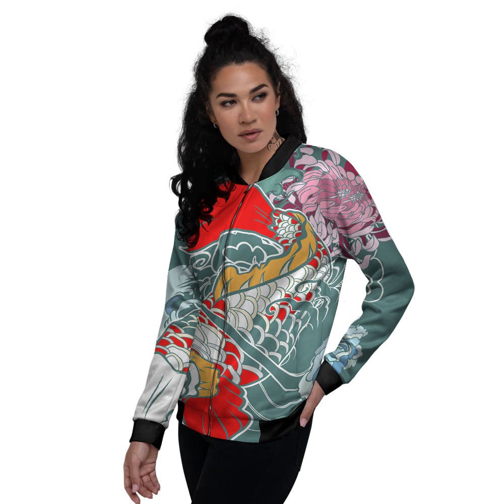 Tattoo Japanese Koi And Flower Print Women's Bomber Jacket-grizzshop