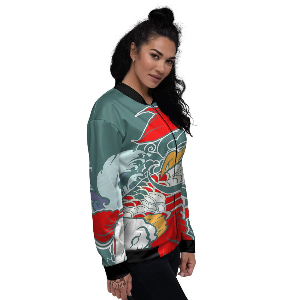 Tattoo Japanese Koi And Flower Print Women's Bomber Jacket-grizzshop