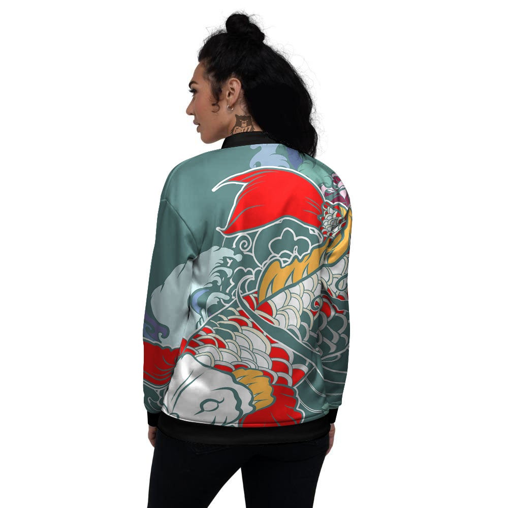 Tattoo Japanese Koi And Flower Print Women's Bomber Jacket-grizzshop