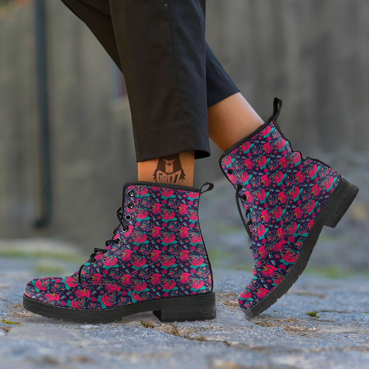Tattoo Old School Print Pattern Leather Boots-grizzshop