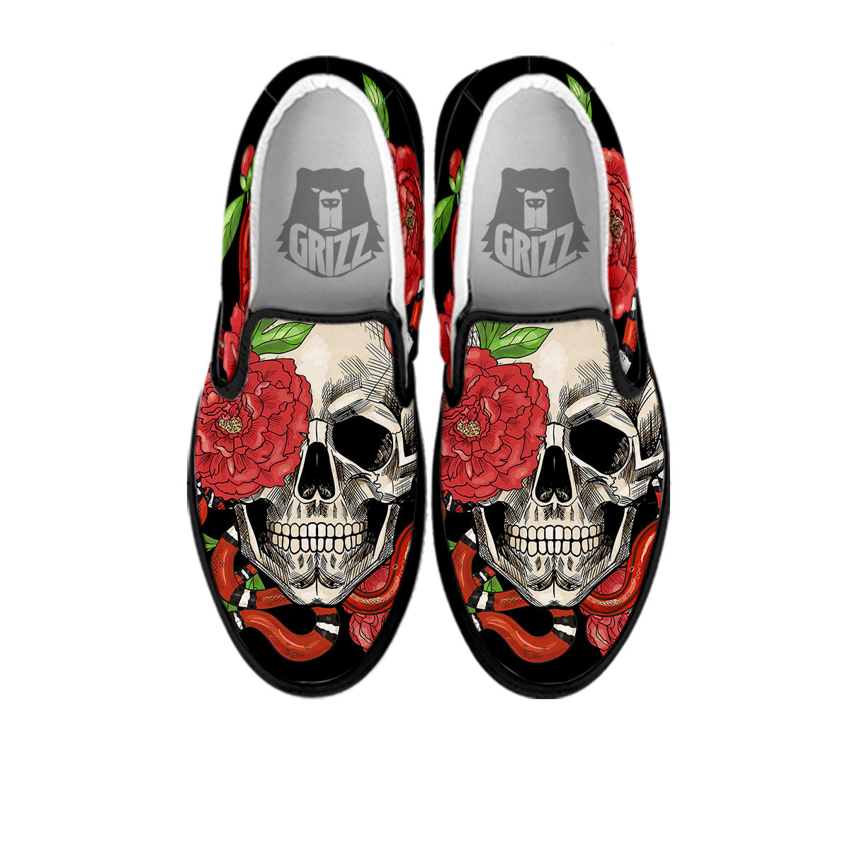 Tattoo Roses And Skull Print Black Slip On Shoes-grizzshop