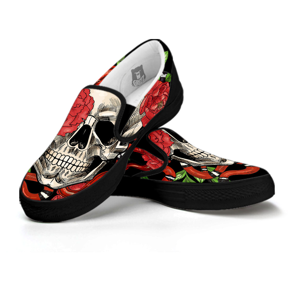 Tattoo Roses And Skull Print Black Slip On Shoes-grizzshop