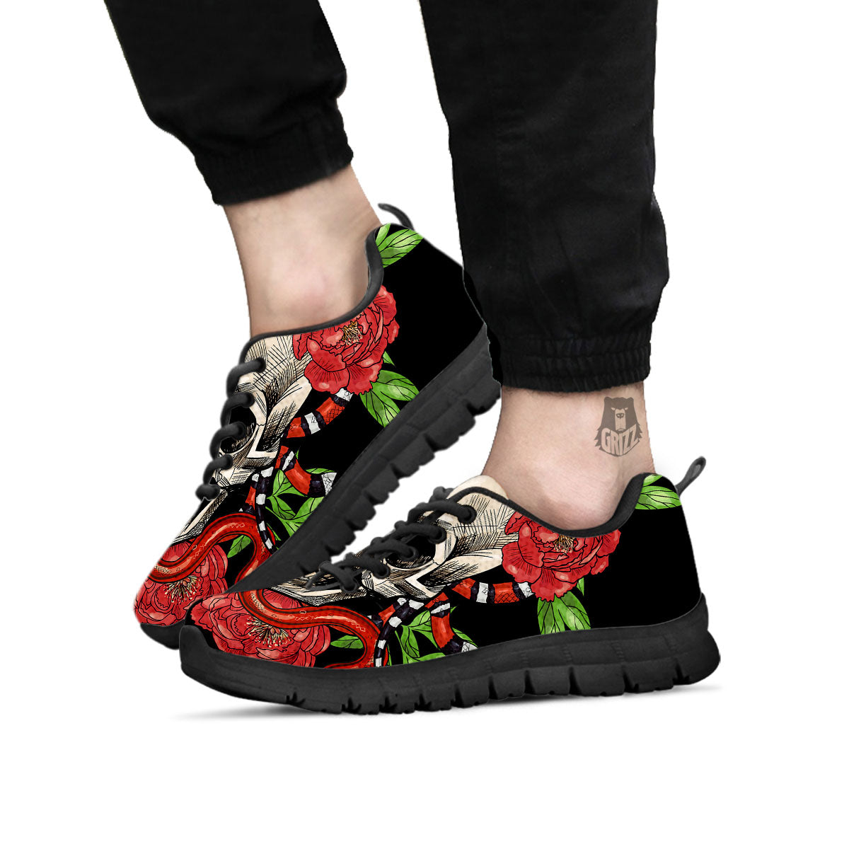 Tattoo Roses And Skull Print Black Sneaker-grizzshop