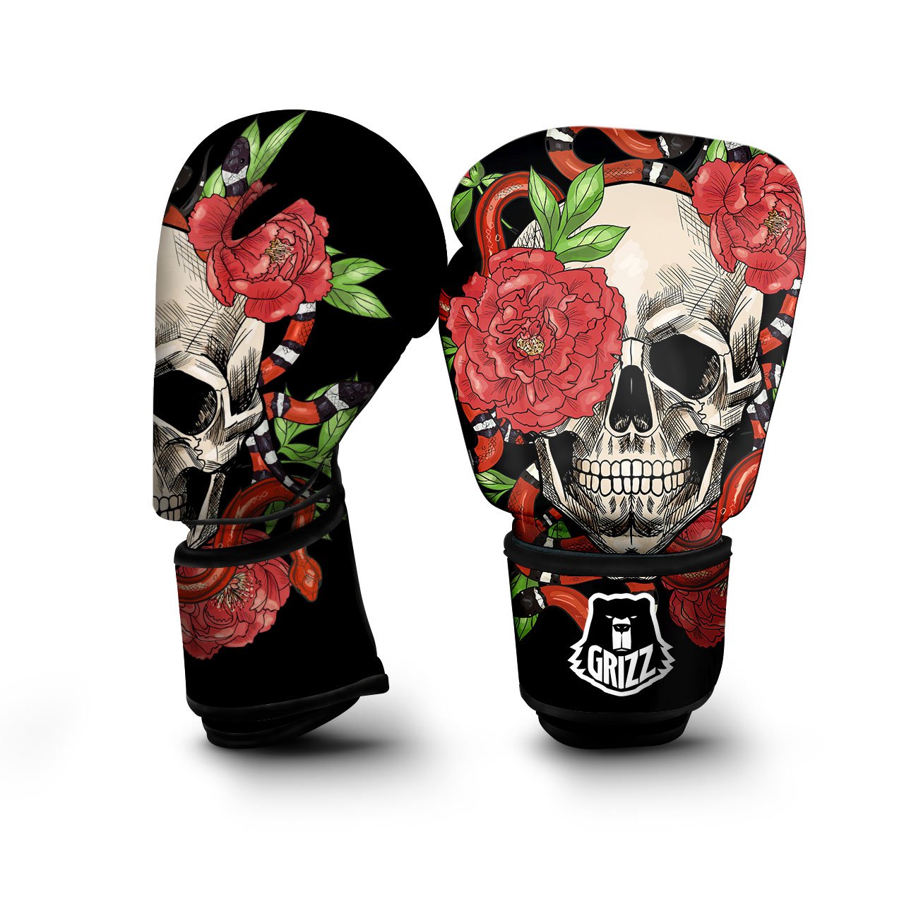 Tattoo Roses And Skull Print Boxing Gloves-grizzshop