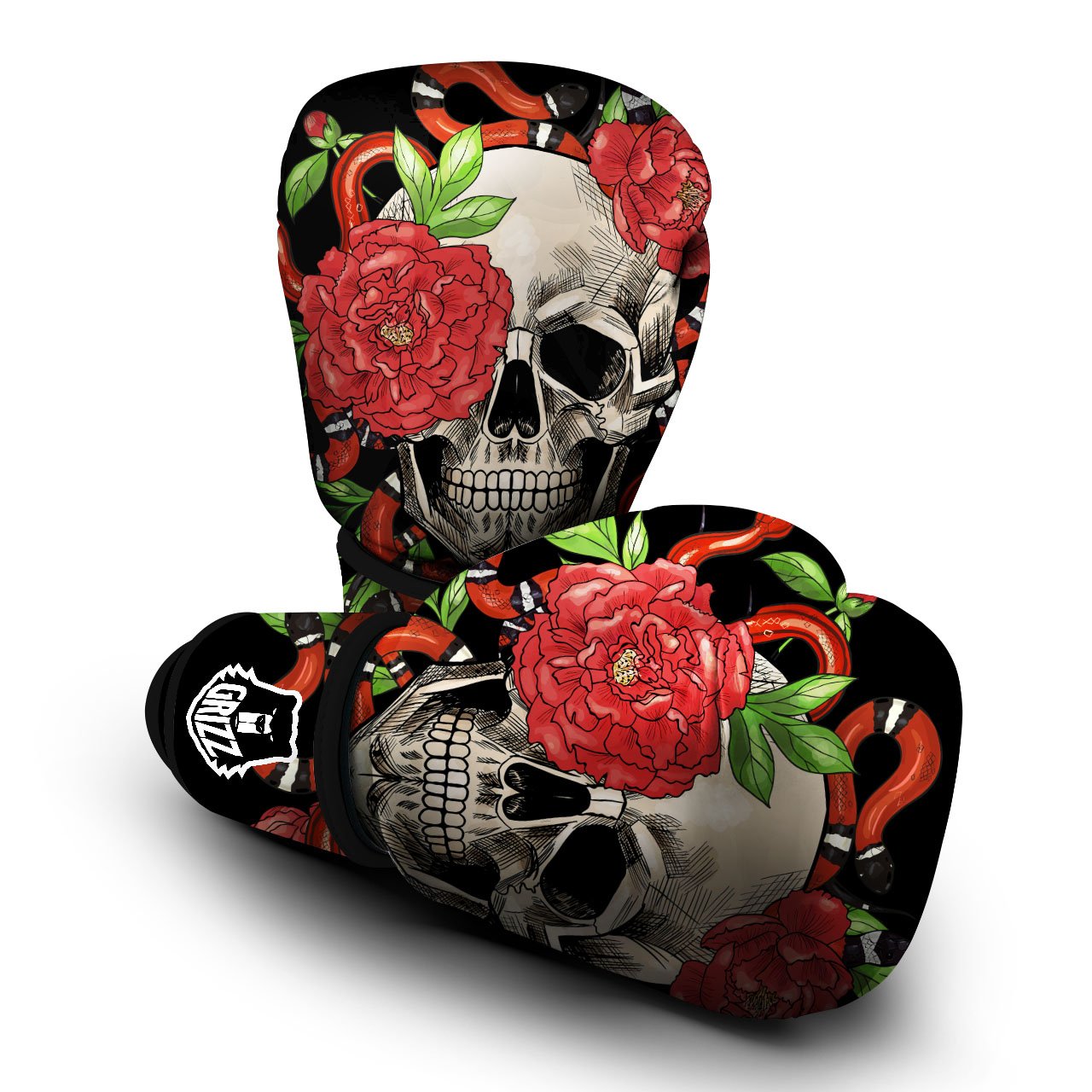 Tattoo Roses And Skull Print Boxing Gloves-grizzshop