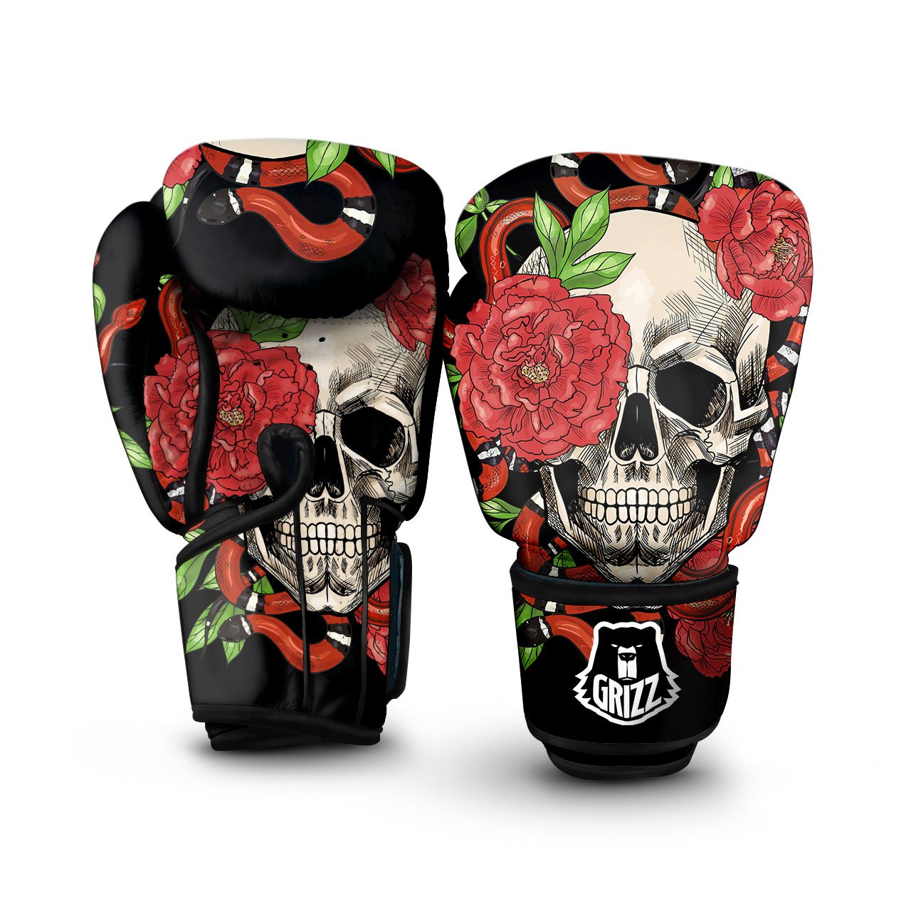 Tattoo Roses And Skull Print Boxing Gloves-grizzshop