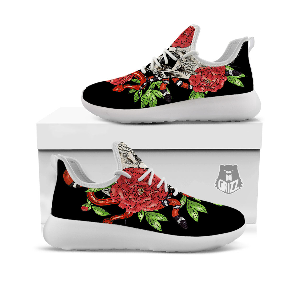 Tattoo Roses And Skull Print White Athletic Shoes-grizzshop