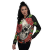 Tattoo Roses And Skull Print Women's Bomber Jacket-grizzshop