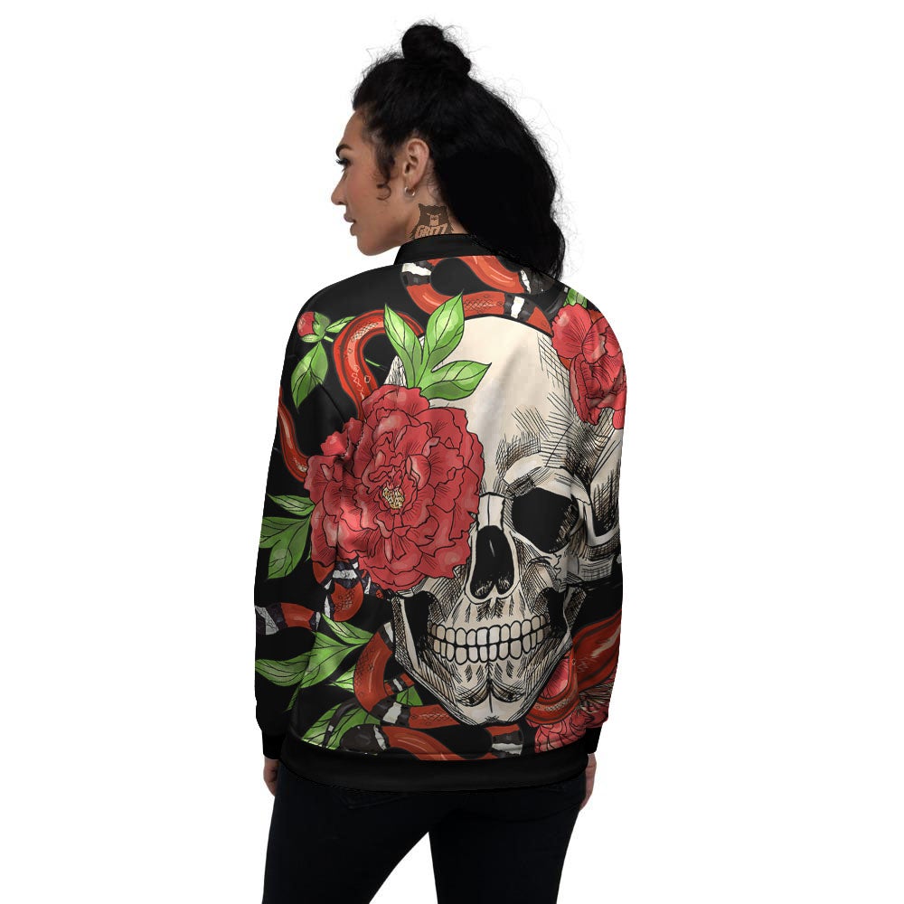 Tattoo Roses And Skull Print Women's Bomber Jacket-grizzshop