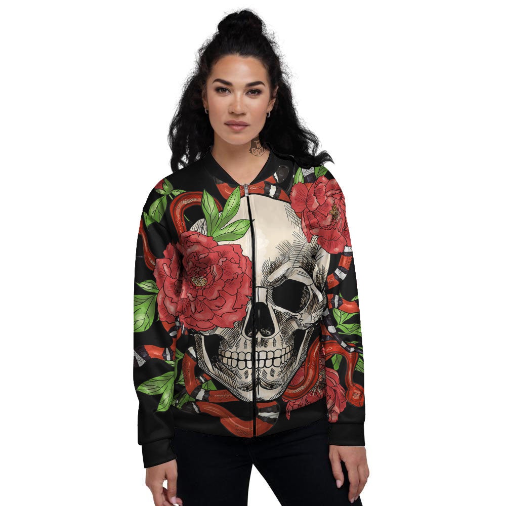 Tattoo Roses And Skull Print Women's Bomber Jacket-grizzshop