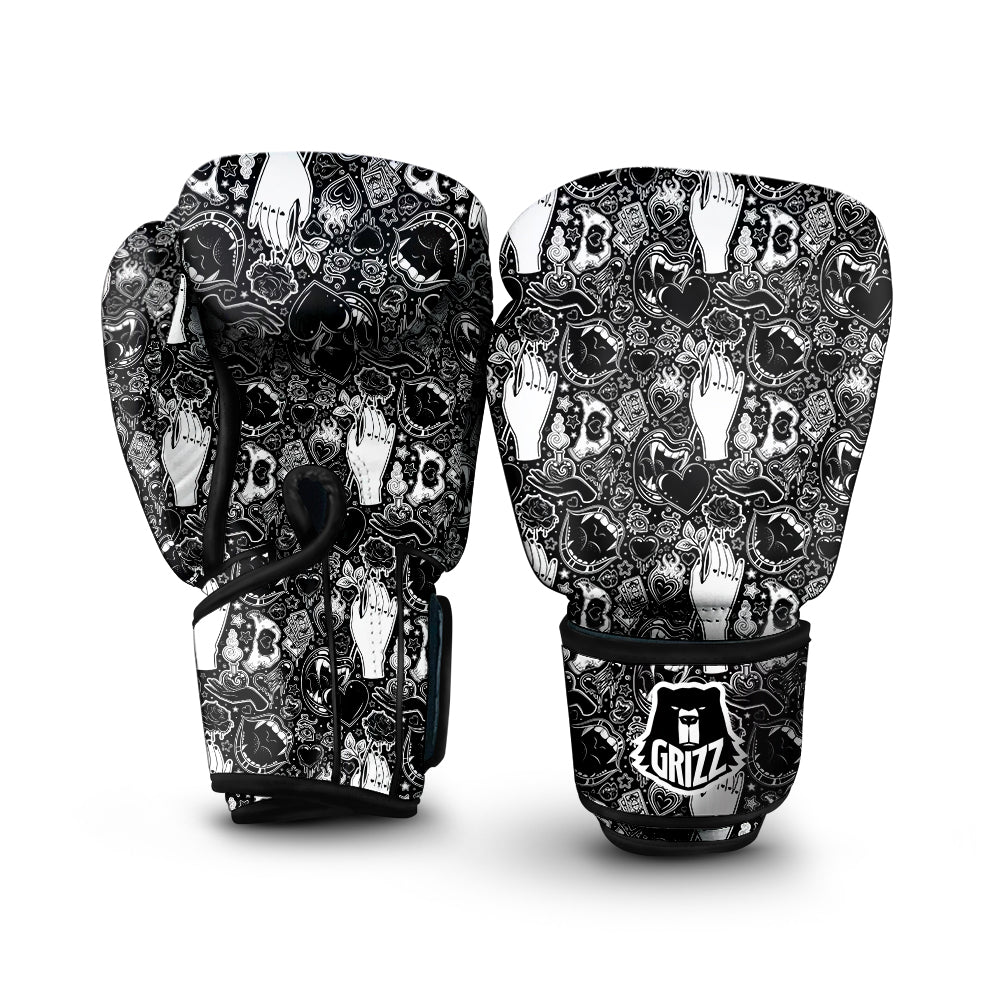 Tattoo Vampire Black and White Print Pattern Boxing Gloves-grizzshop