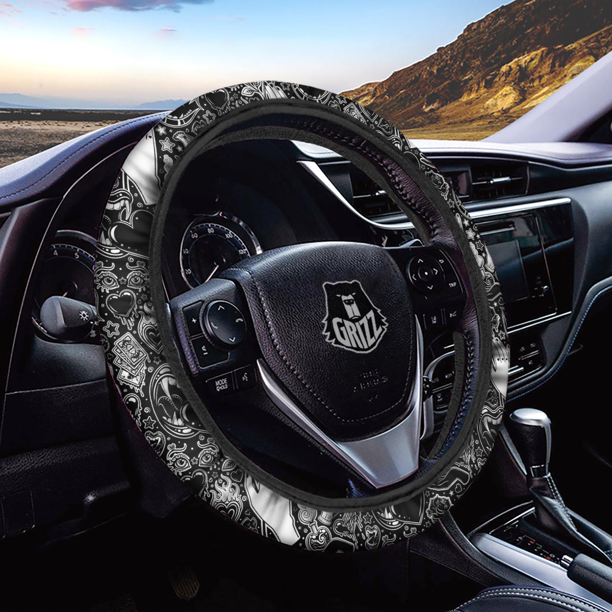 Tattoo Vampire Black and White Print Pattern Car Steering Wheel Cover-grizzshop