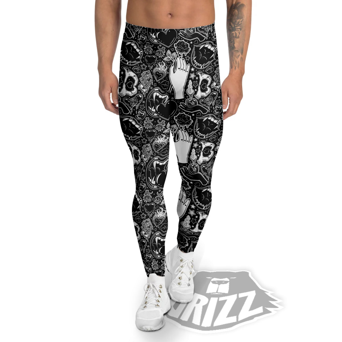 Tattoo Vampire Black and White Print Pattern Men's Leggings-grizzshop