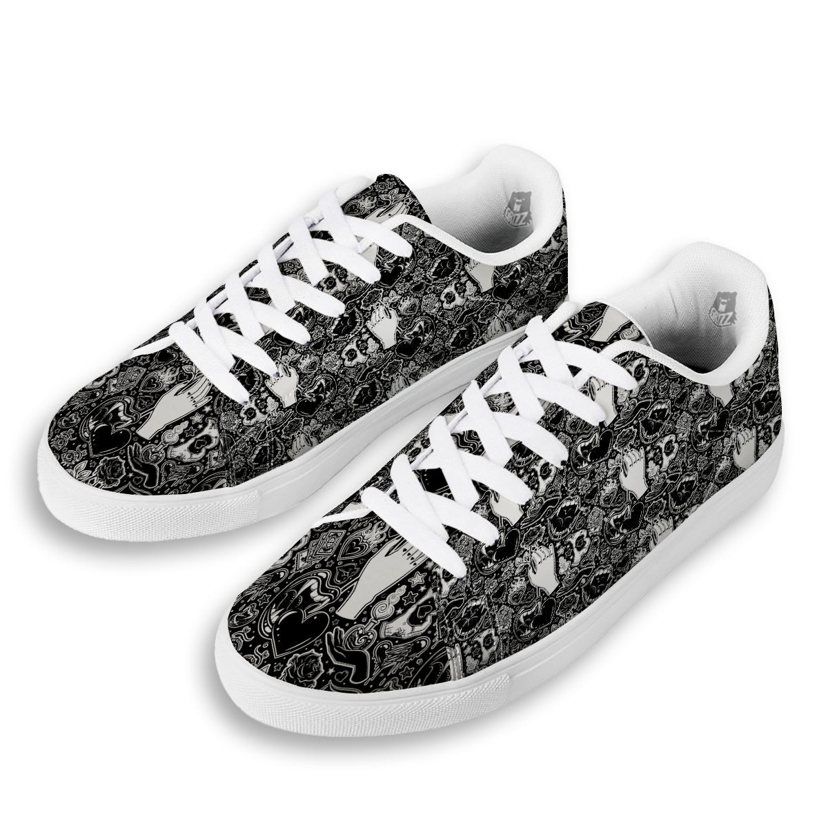 Tattoo Vampire Black and White Print Pattern White Low Top Sneakers-grizzshop