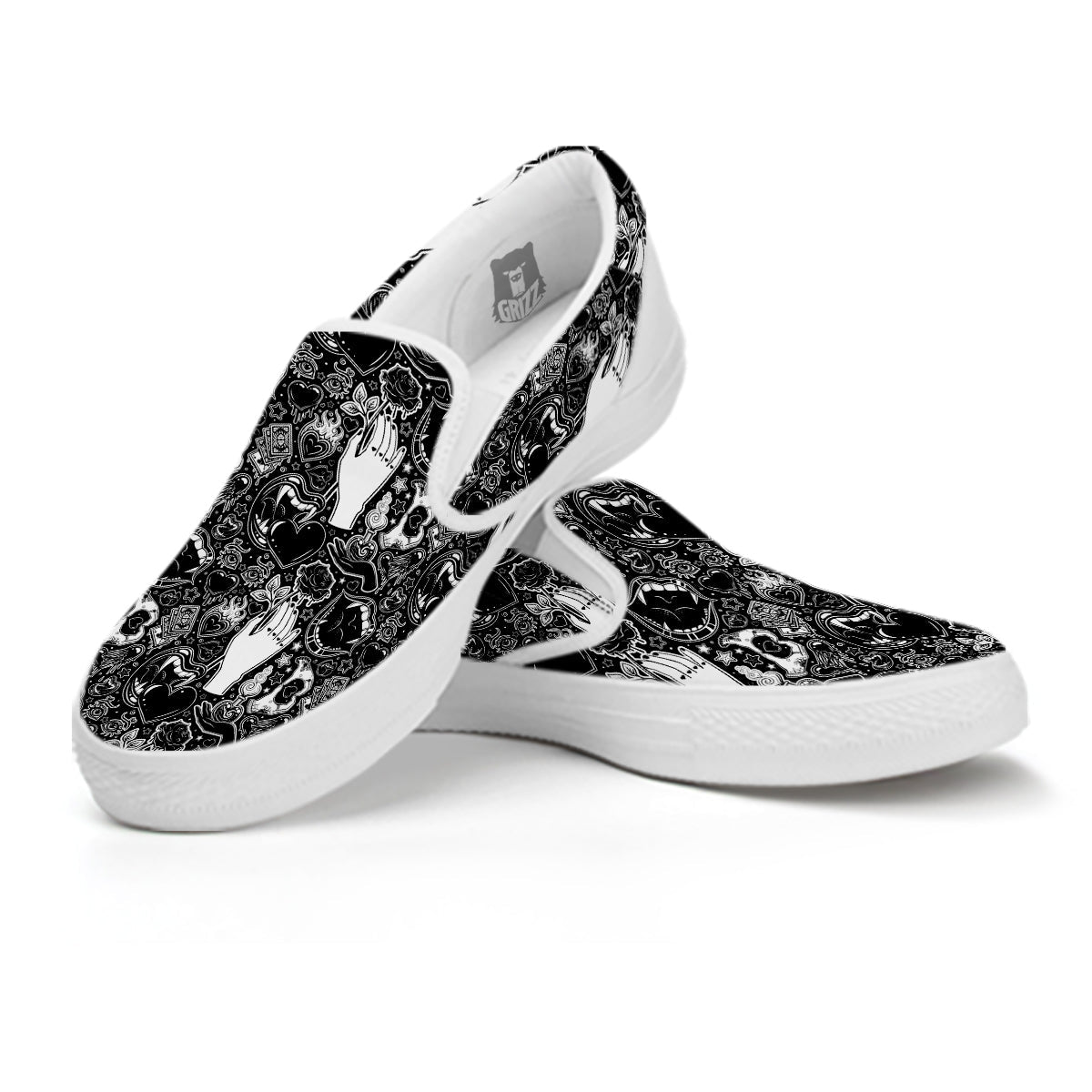 Tattoo Vampire Black and White Print Pattern White Slip On Shoes-grizzshop