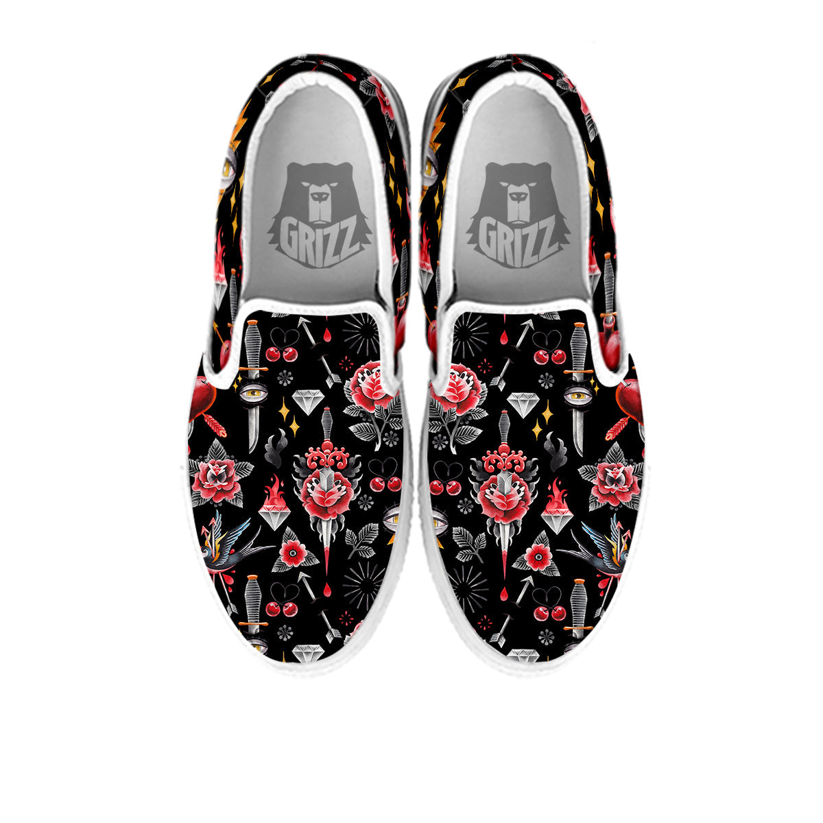 Tattoo Watercolor Print Pattern White Slip On Shoes-grizzshop