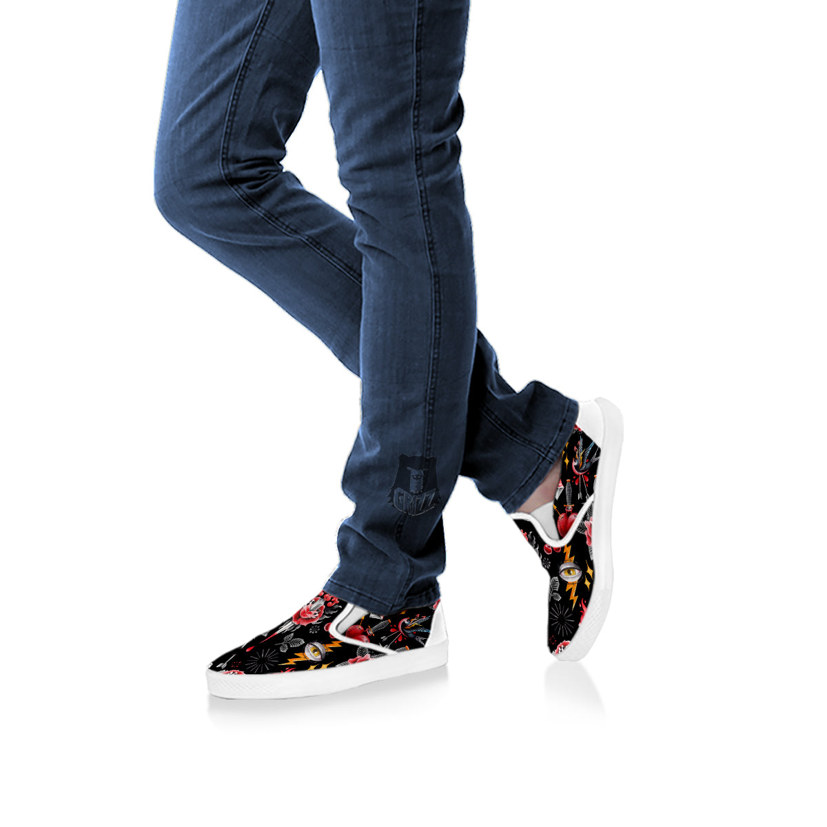 Tattoo Watercolor Print Pattern White Slip On Shoes-grizzshop