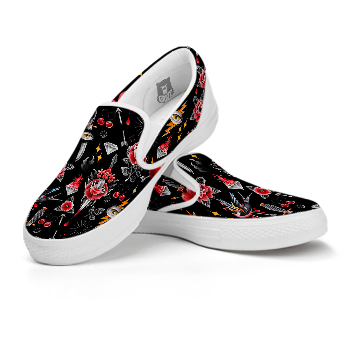 Tattoo Watercolor Print Pattern White Slip On Shoes-grizzshop