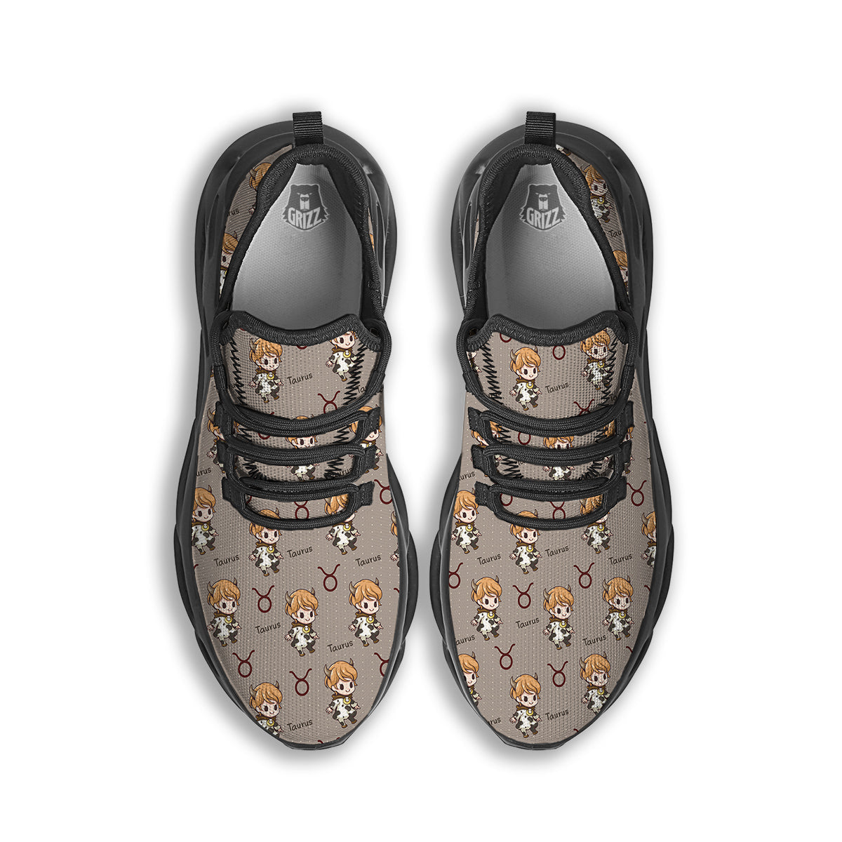 Taurus Cute Cartoon Print Pattern Black Running Shoes-grizzshop