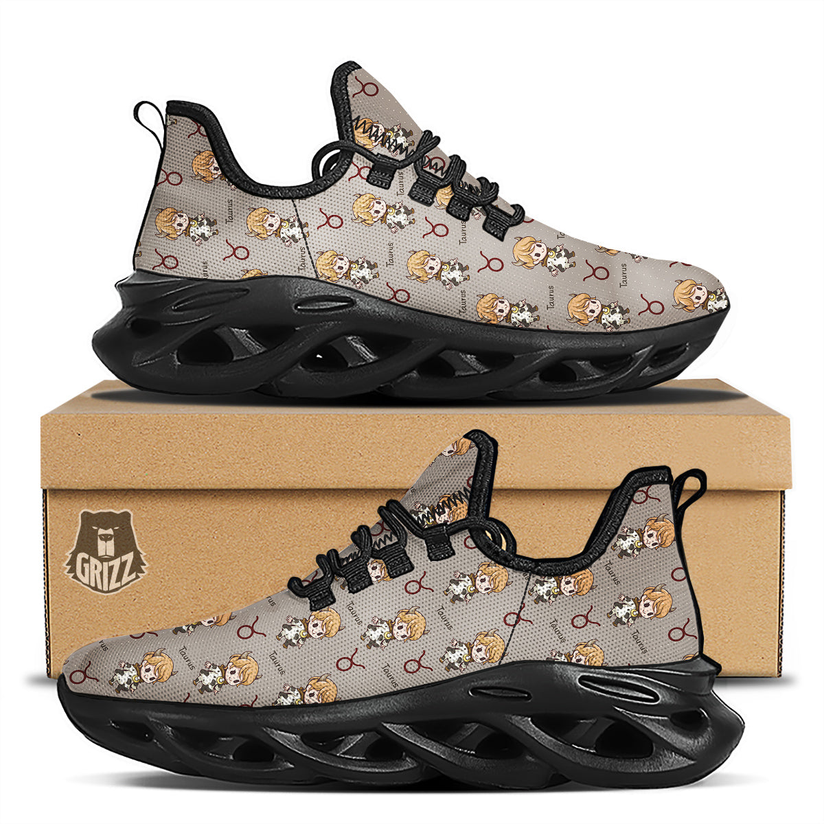 Taurus Cute Cartoon Print Pattern Black Running Shoes-grizzshop