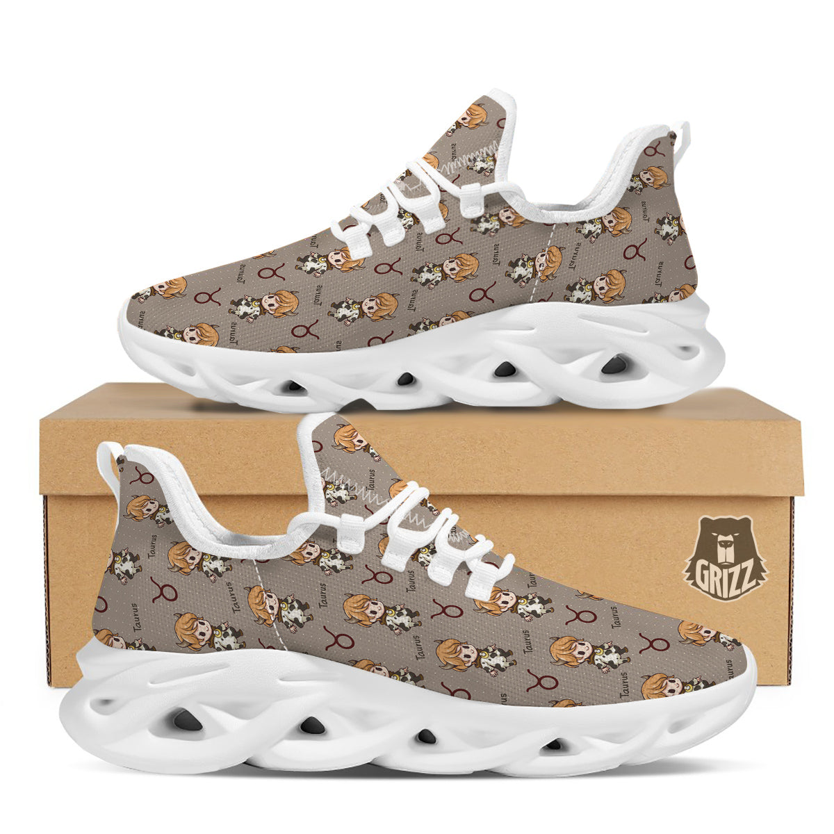 Taurus Cute Cartoon Print Pattern White Running Shoes-grizzshop