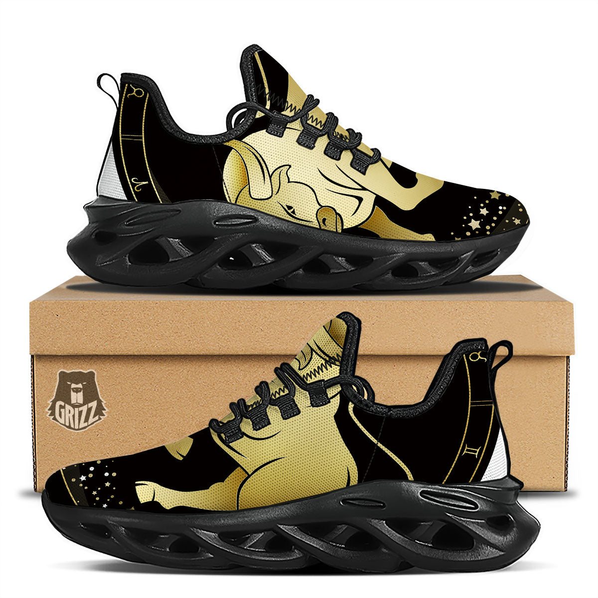 Taurus Sign Black And Gold Print Black Running Shoes-grizzshop