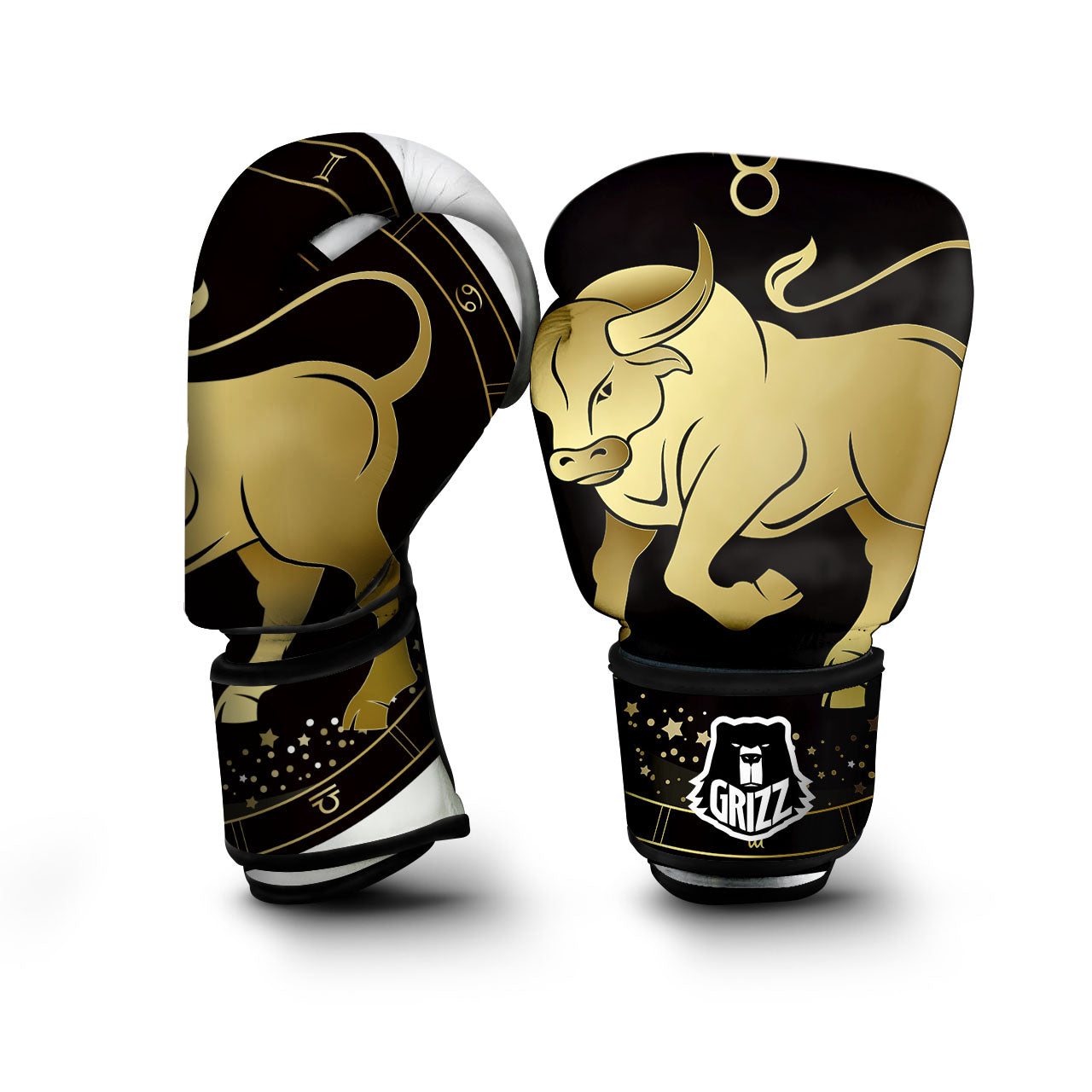 Taurus Sign Black And Gold Print Boxing Gloves-grizzshop