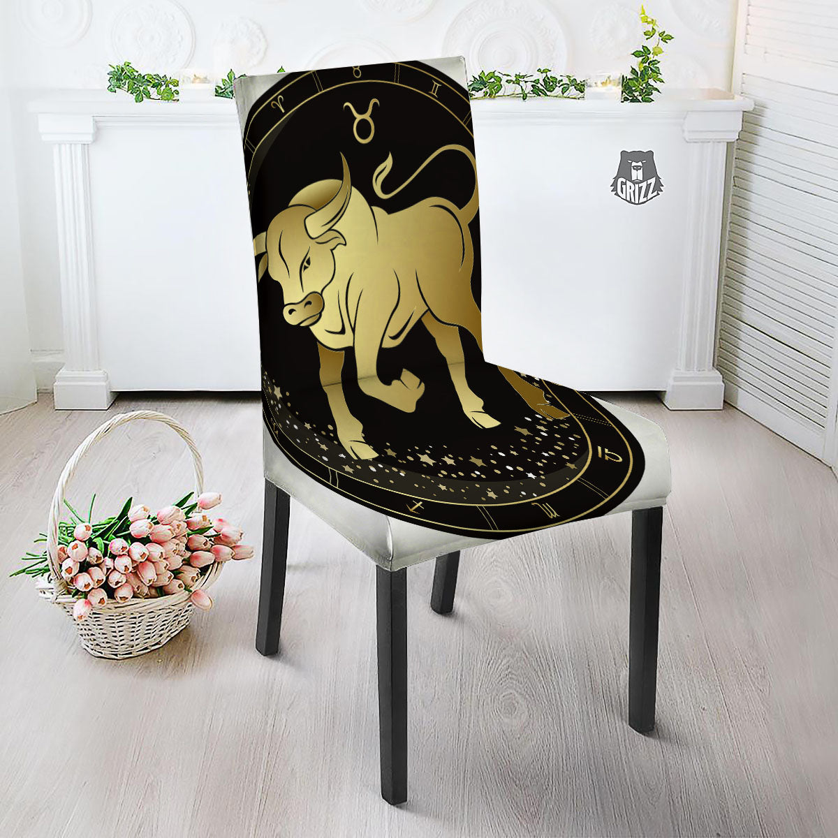 Taurus Sign Black And Gold Print Dining Chair Slipcover-grizzshop