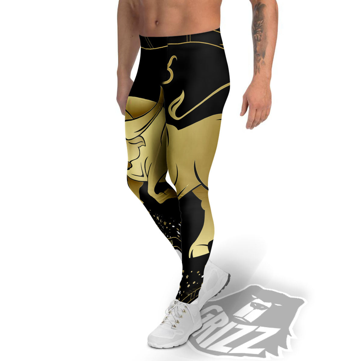 Taurus Sign Black And Gold Print Men's Leggings-grizzshop