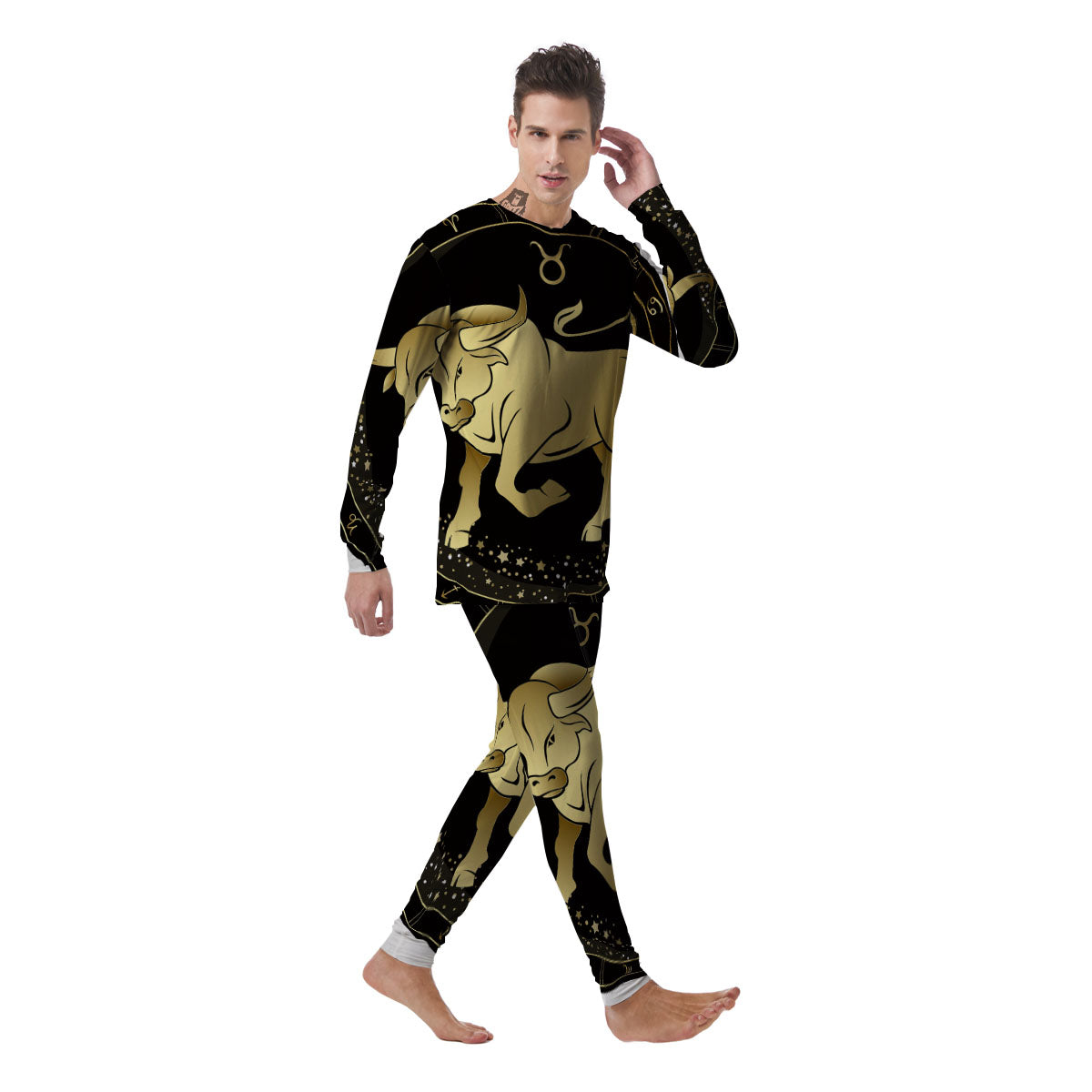 Taurus Sign Black And Gold Print Men's Pajamas-grizzshop