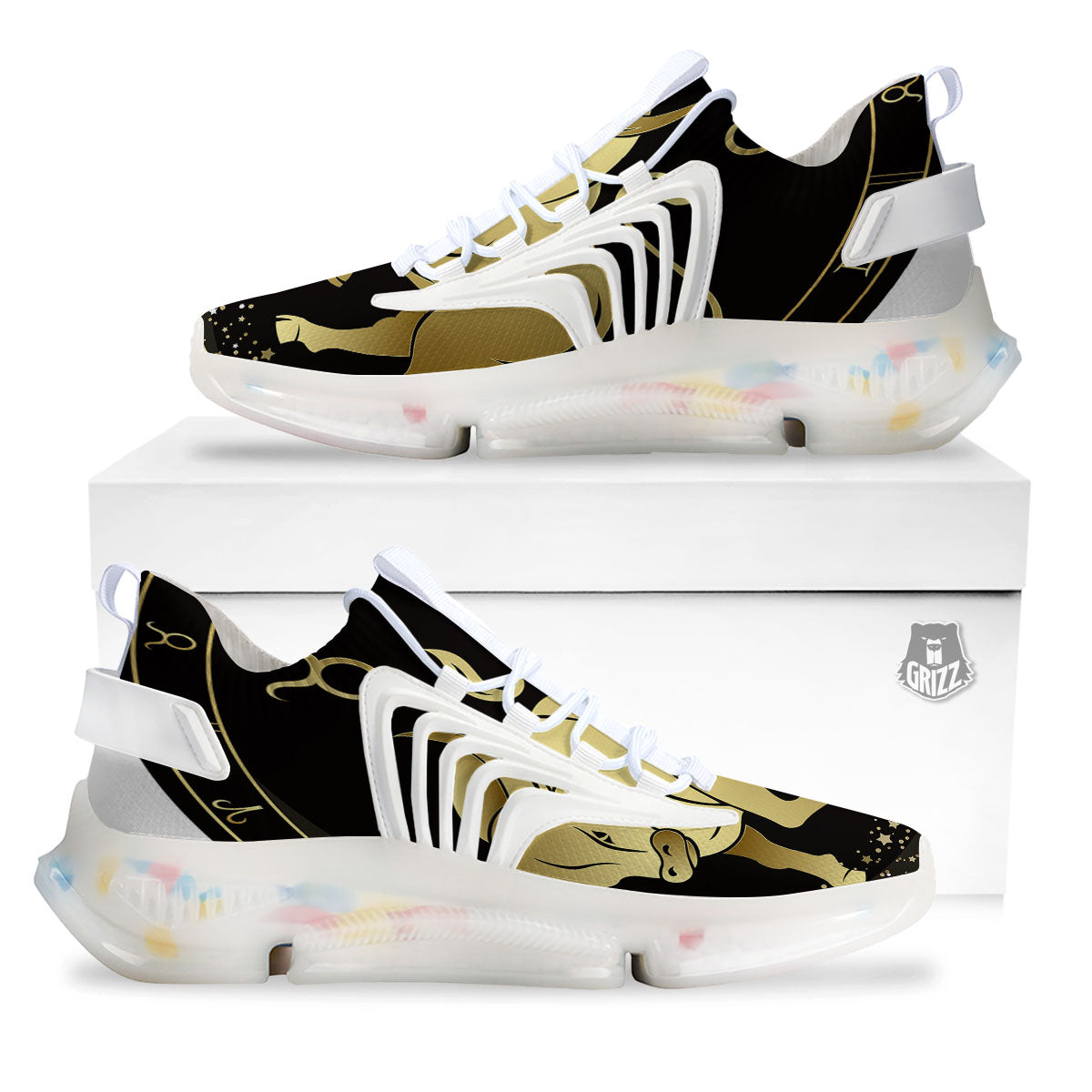 Taurus Sign Black And Gold Print White Gym Shoes-grizzshop