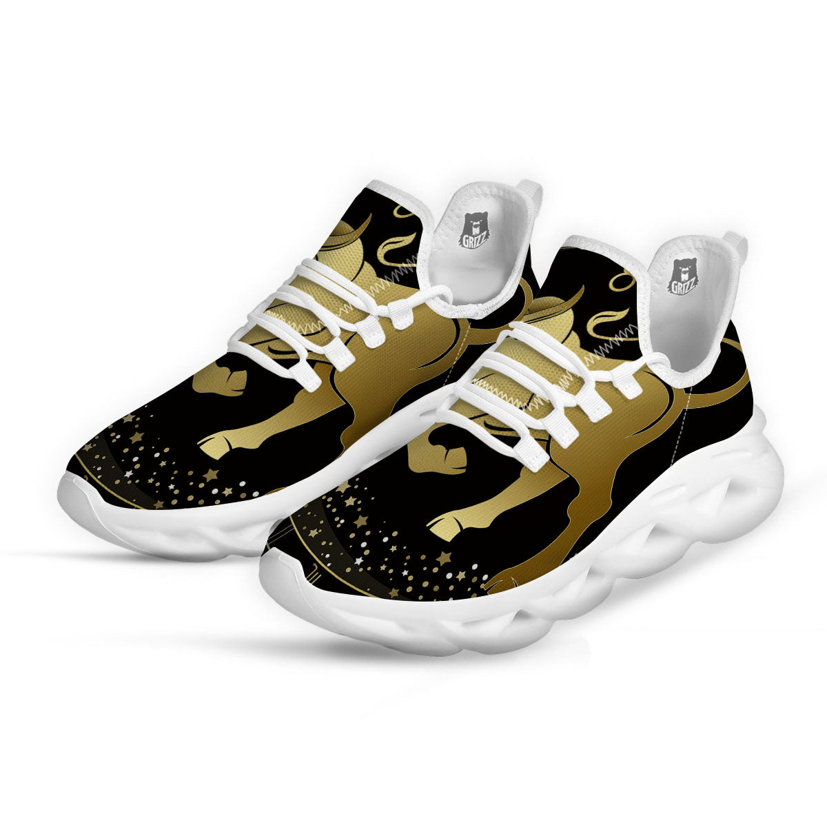 Taurus Sign Black And Gold Print White Running Shoes-grizzshop