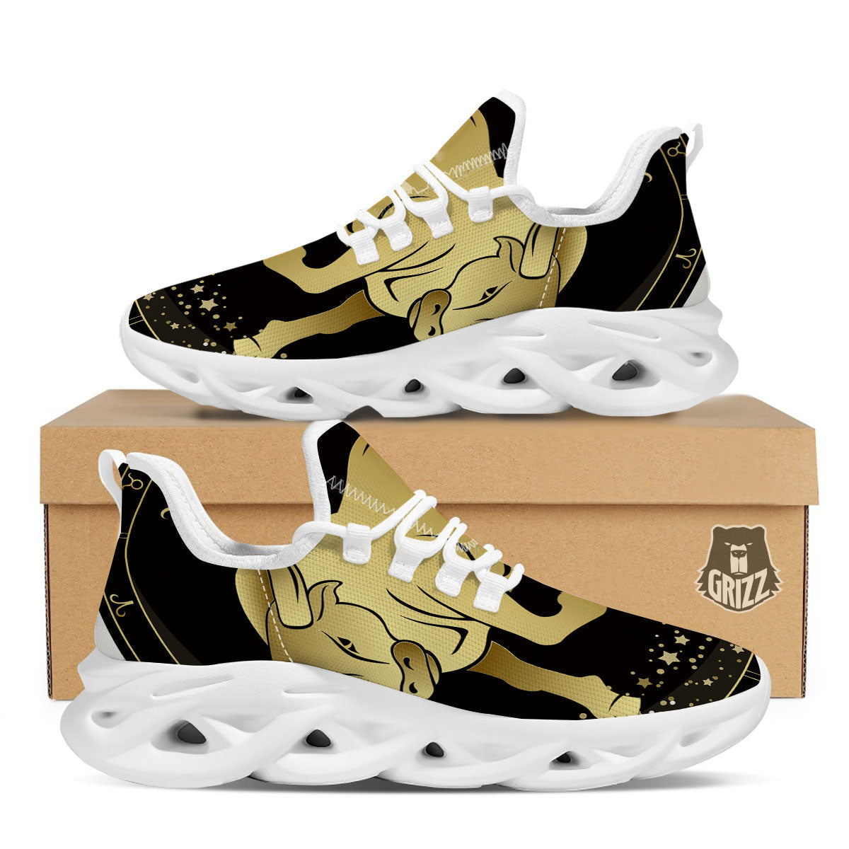 Taurus Sign Black And Gold Print White Running Shoes-grizzshop
