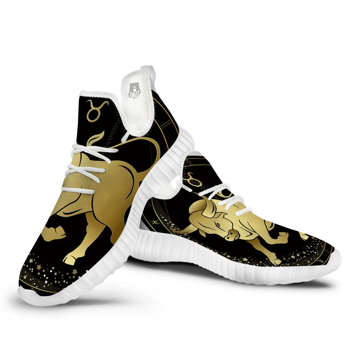 Taurus Sign Black And Gold Print White Walking Shoes-grizzshop