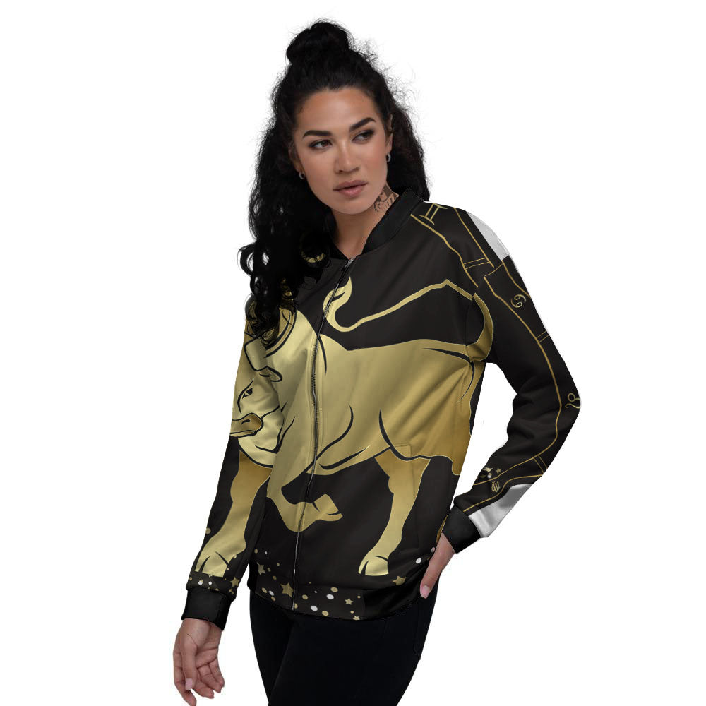 Taurus Sign Black And Gold Print Women's Bomber Jacket-grizzshop