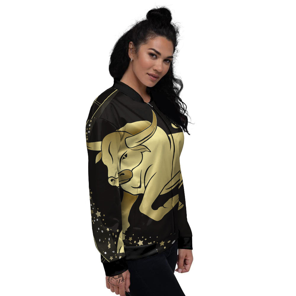 Taurus Sign Black And Gold Print Women's Bomber Jacket-grizzshop