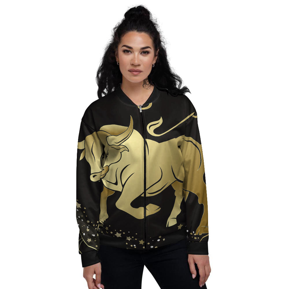 Taurus Sign Black And Gold Print Women's Bomber Jacket-grizzshop