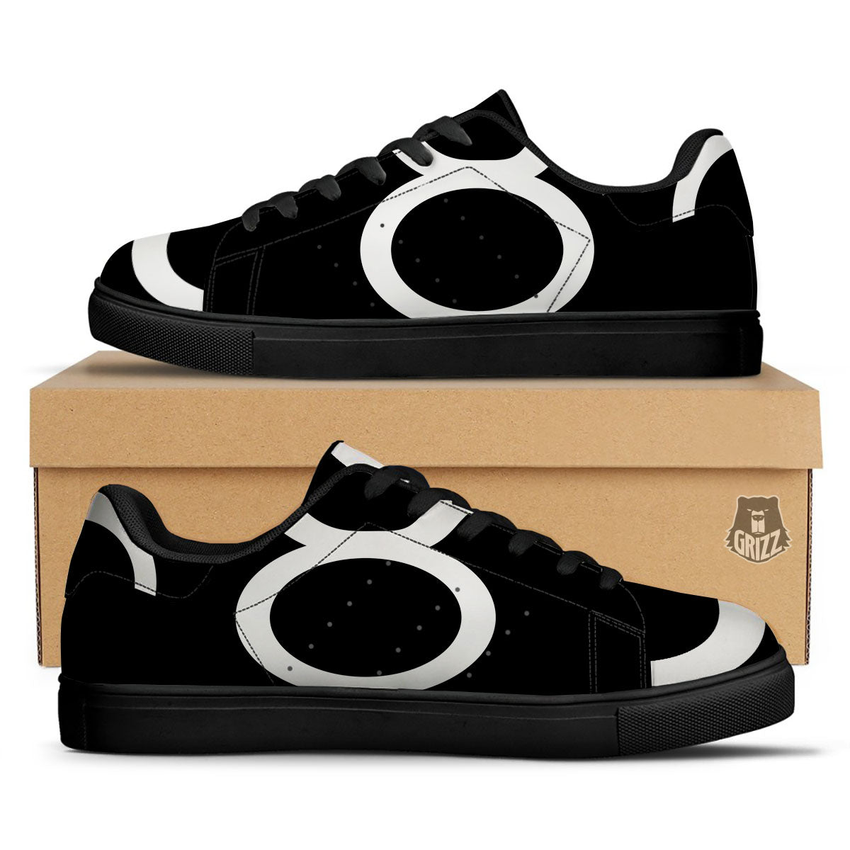 Taurus Sign White And Black Print Black Low Top Sneakers-grizzshop