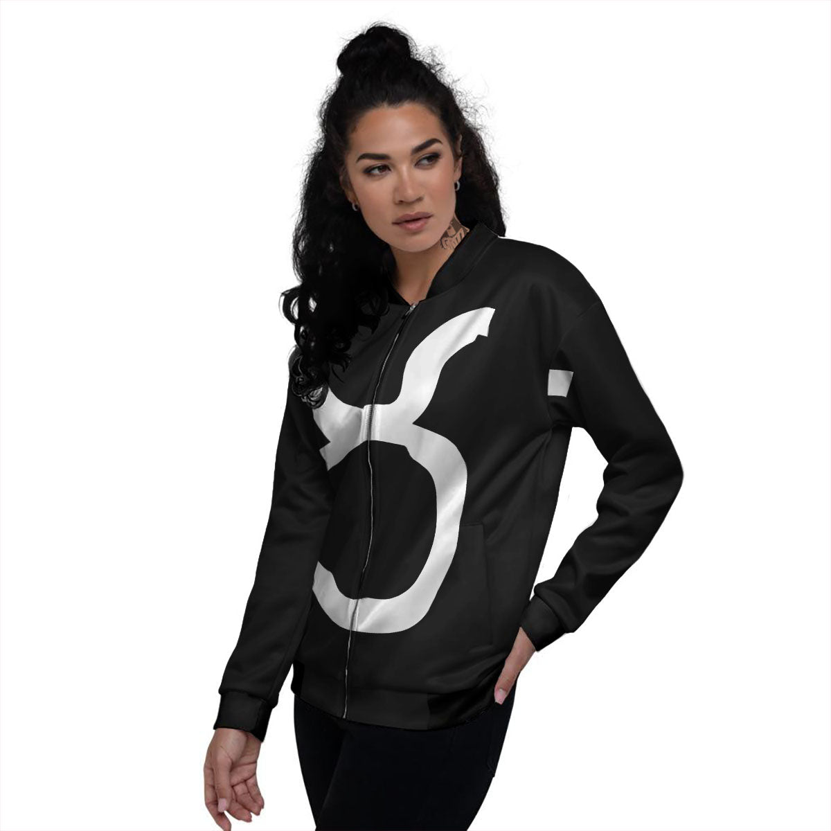 Taurus Sign White And Black Print Women's Bomber Jacket-grizzshop