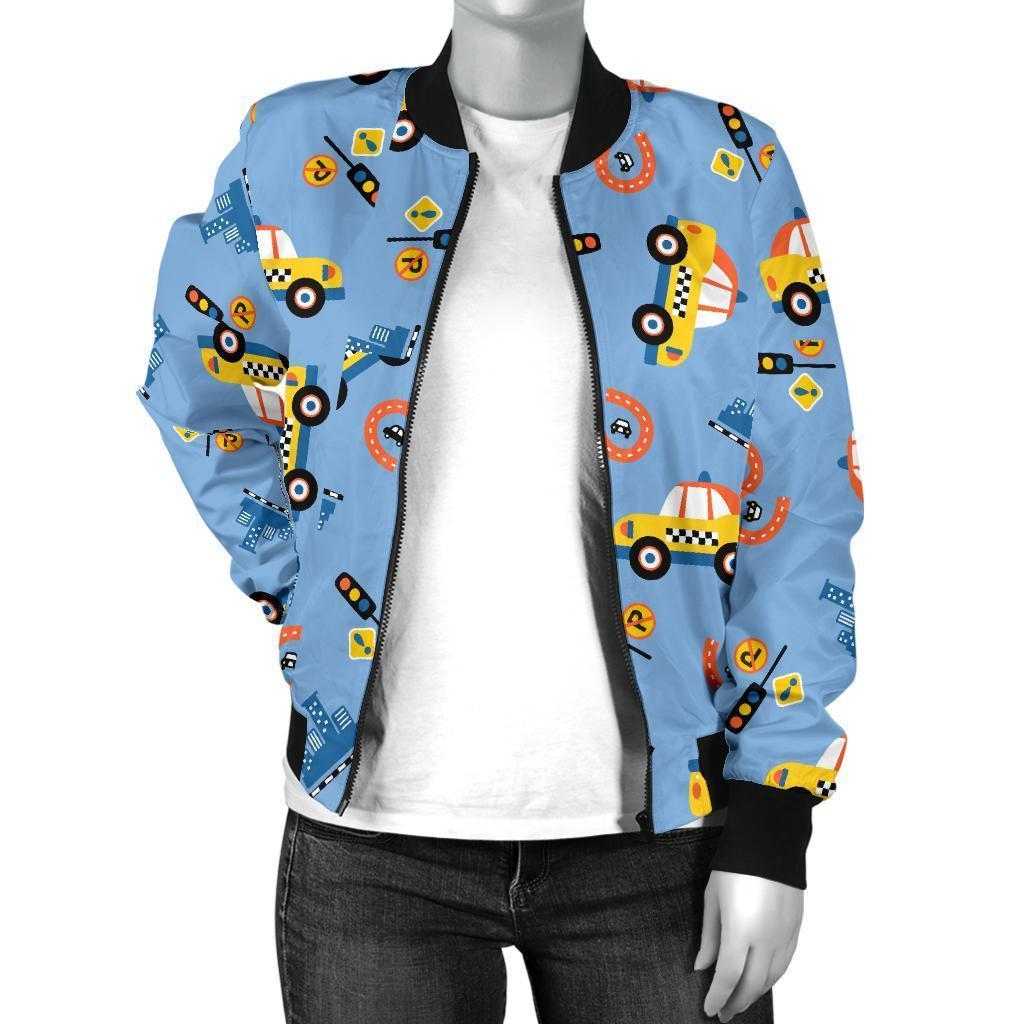 Taxi Car Print Pattern Women Casual Bomber Jacket-grizzshop