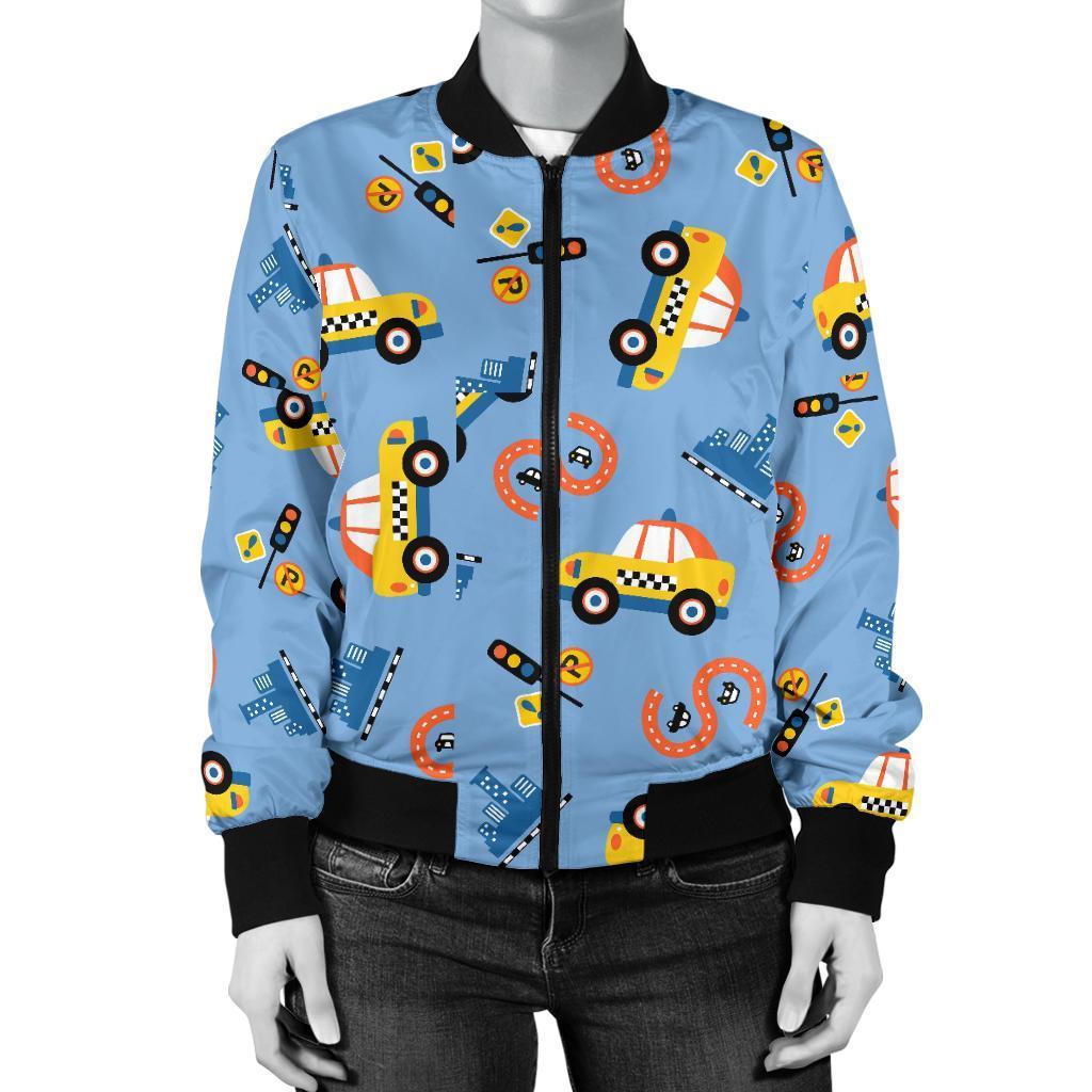 Taxi Car Print Pattern Women Casual Bomber Jacket-grizzshop