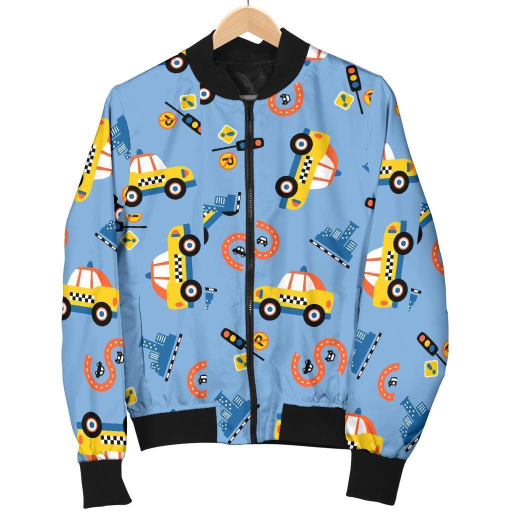 Taxi Car Print Pattern Women Casual Bomber Jacket-grizzshop